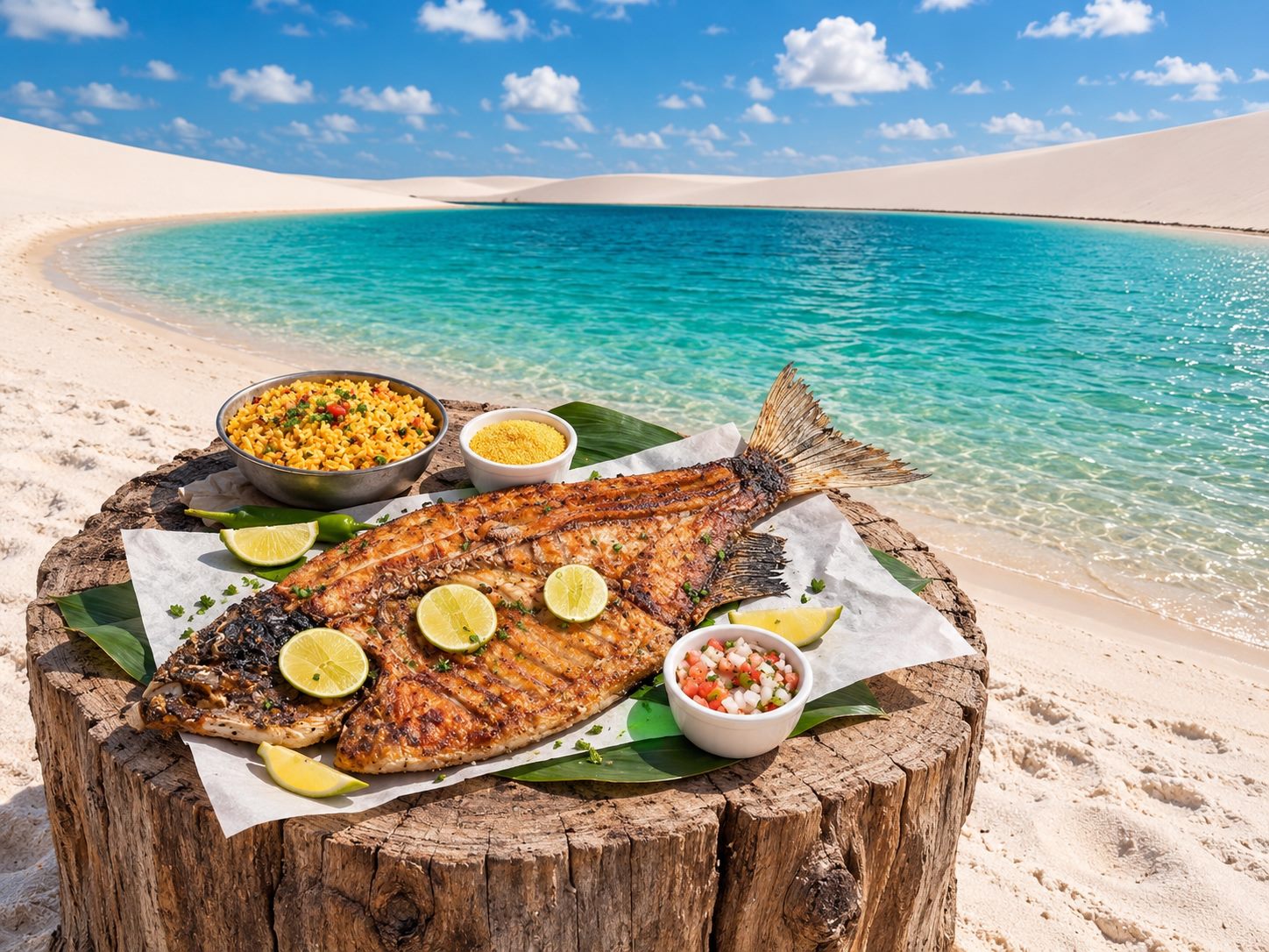 Peixe grelhado servido diante de uma lagoa cristalina